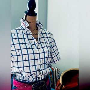 Patriotic Short Sleeve Button Down  Ruffle Collar Upcycled Shirt